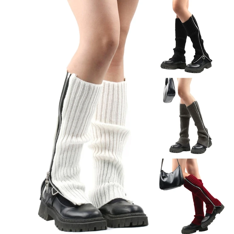 Women Gothic Punk Ribbed Knitted Leg Warmers Harajuku Side Zipper Up Solid Color Boot Socks Student Knee High Foot New Dropship