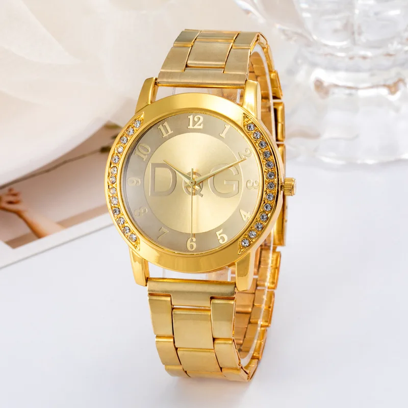 Fashion Top Dqg Brand Ladies Watch Golden Stainless Steel Double Row Diamond Digital Quartz Watches For Women Clock Dropshipping