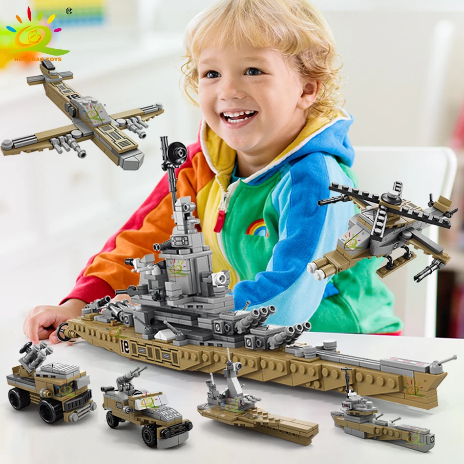 Huiqibao 559Pcs 6 In1 Warship Military Building Blocks Missile Destroyer Cruiser Elicotteri Mattoni Giocattolo Da Costruzione Per Bambini