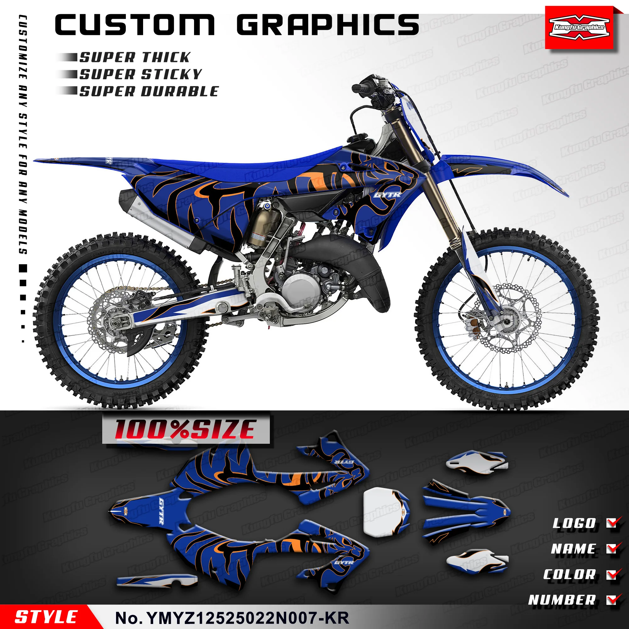 Kungfu Graphics Waterproof Sunproof Sticker Decal Kit Per Yamaha Yz125 Yz250 Yz 125 250 Yz125X Yz250X 2022 2023 2024, Blu