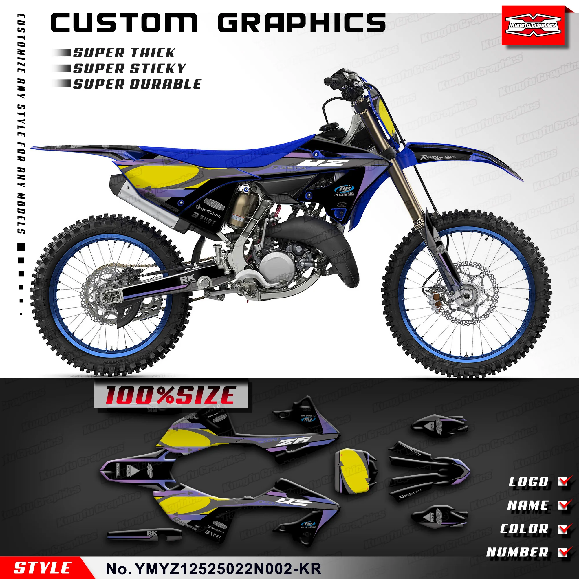 Kungfu Graphics Motocross Sticker Custom Dirt Bike Decal Kit Per Yamaha Yz125 Yz 125 250 Yz125X Yz250X 2022 2023 2024