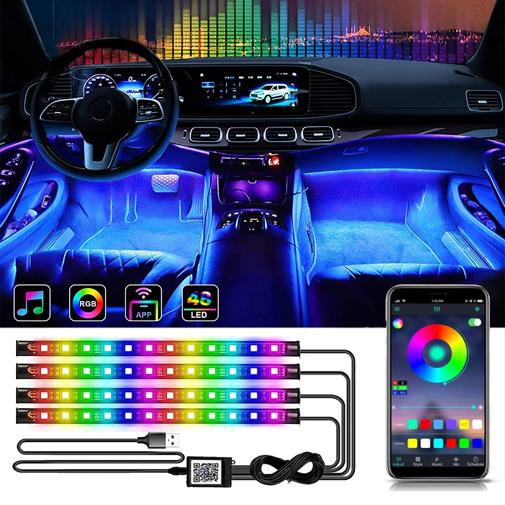 Neon 48 72 Led Car Interior Ambient Foot Light Con Usb Wireless Remote Music App Control Auto Rgb Atmosphere Lampade Decorative