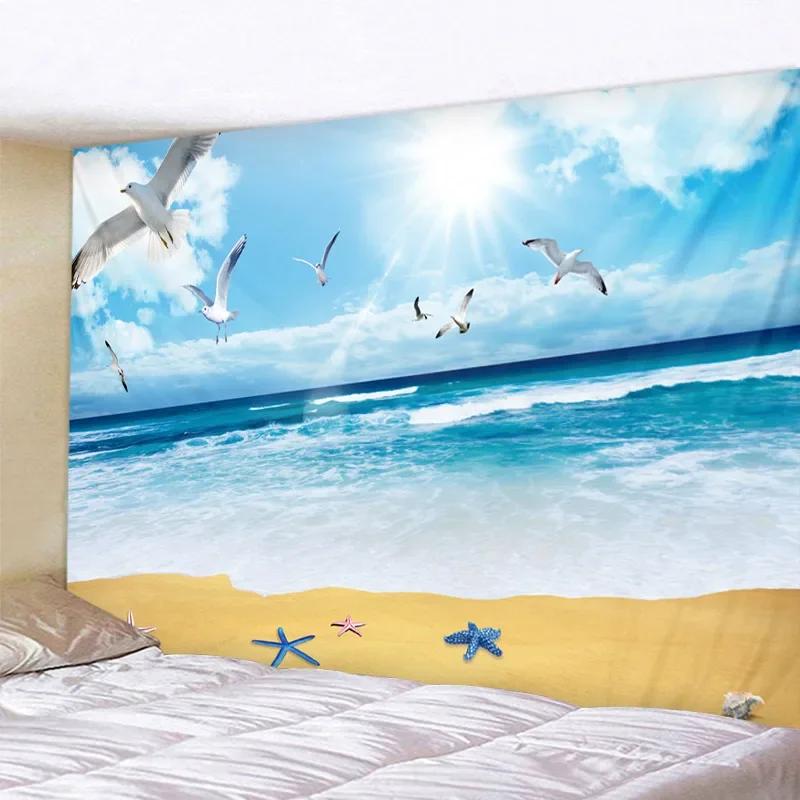 Ocean Seagull Landscape Tapestry Boho Mandala Wall Hanging Royal Blue 3D Hippie Wall Tapestry Home Decor Mint Yoga Mat