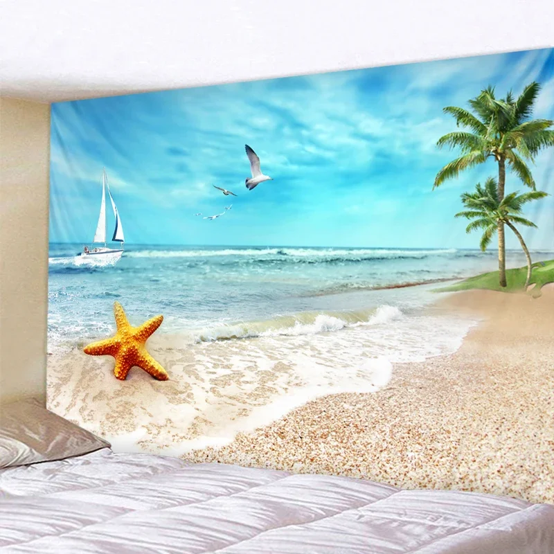 Ocean Starfish Landscape Tapestry Boho Mandala Wall Hanging Royal Blue 3D Hippie Wall Tapestry Home Decor Mint Yoga Mat