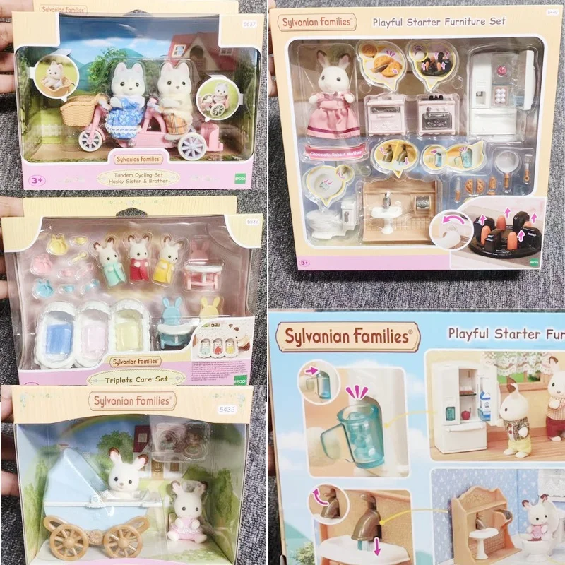 Epoch Sylvanian Family Doll Furniture Suit Chocolate Rabbit And Dog Three Twins Playing House Toys Doll Birthday Gift