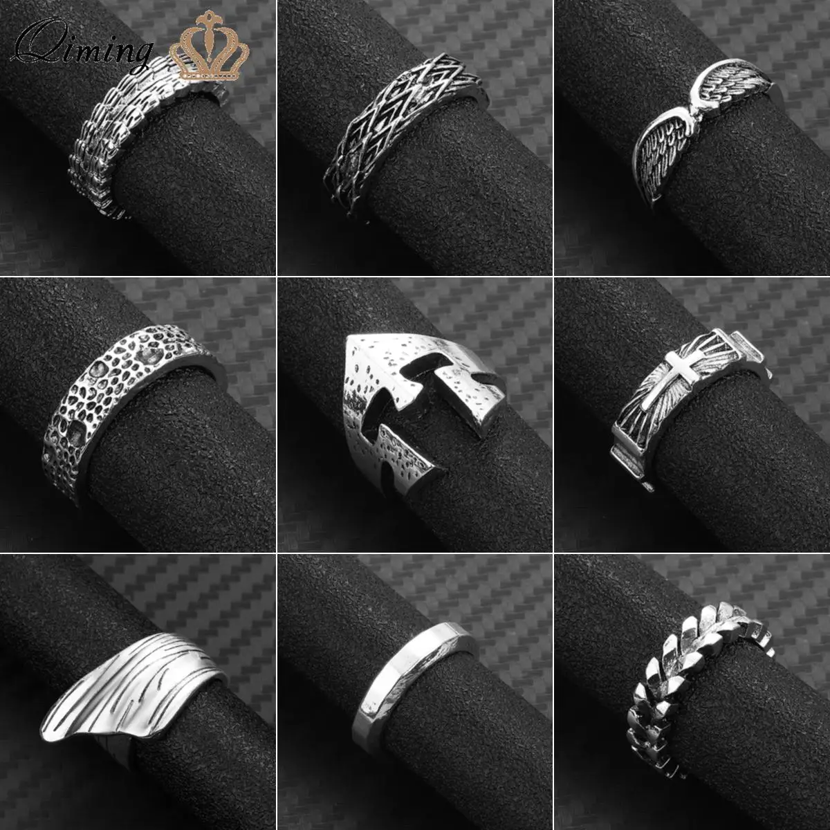 Qiming Men Band Ring Hip Hop Punk Jewelry Dragon Scale Warrior Spartan Helmet Impilabile Biker Geometric Rings