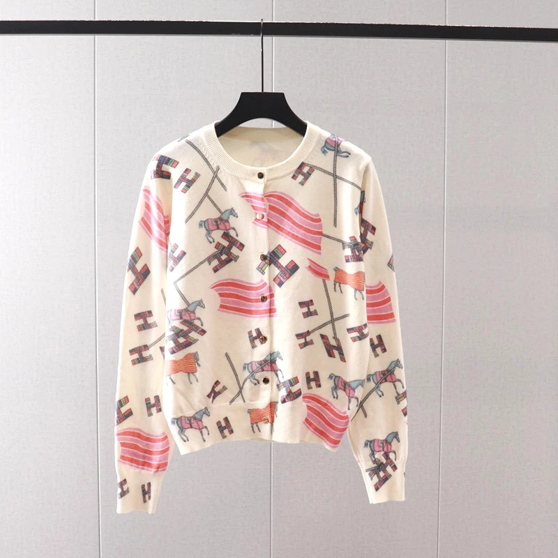 Rainbow Horse H Letter Knit Cardigan Donna Maglione Modello Stampato Top Cappotto Moda Lusso Primavera Autunno Inverno Abbigliamento Femminile