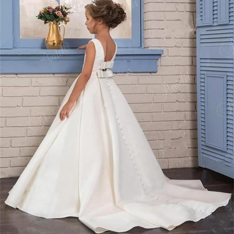 Custom Made Kids Satin Flower Girl Abiti Per Matrimoni White Princess Pageant Party Gown Vestidos De Primera Comunion 2020