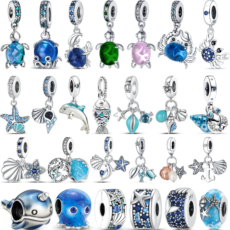 925 Argento Blu Animali Marini Charms Fit Pandora 925 Braccialetto Originale Gioielli Starfish Shell Octopus Turtle Crab Glass Beads