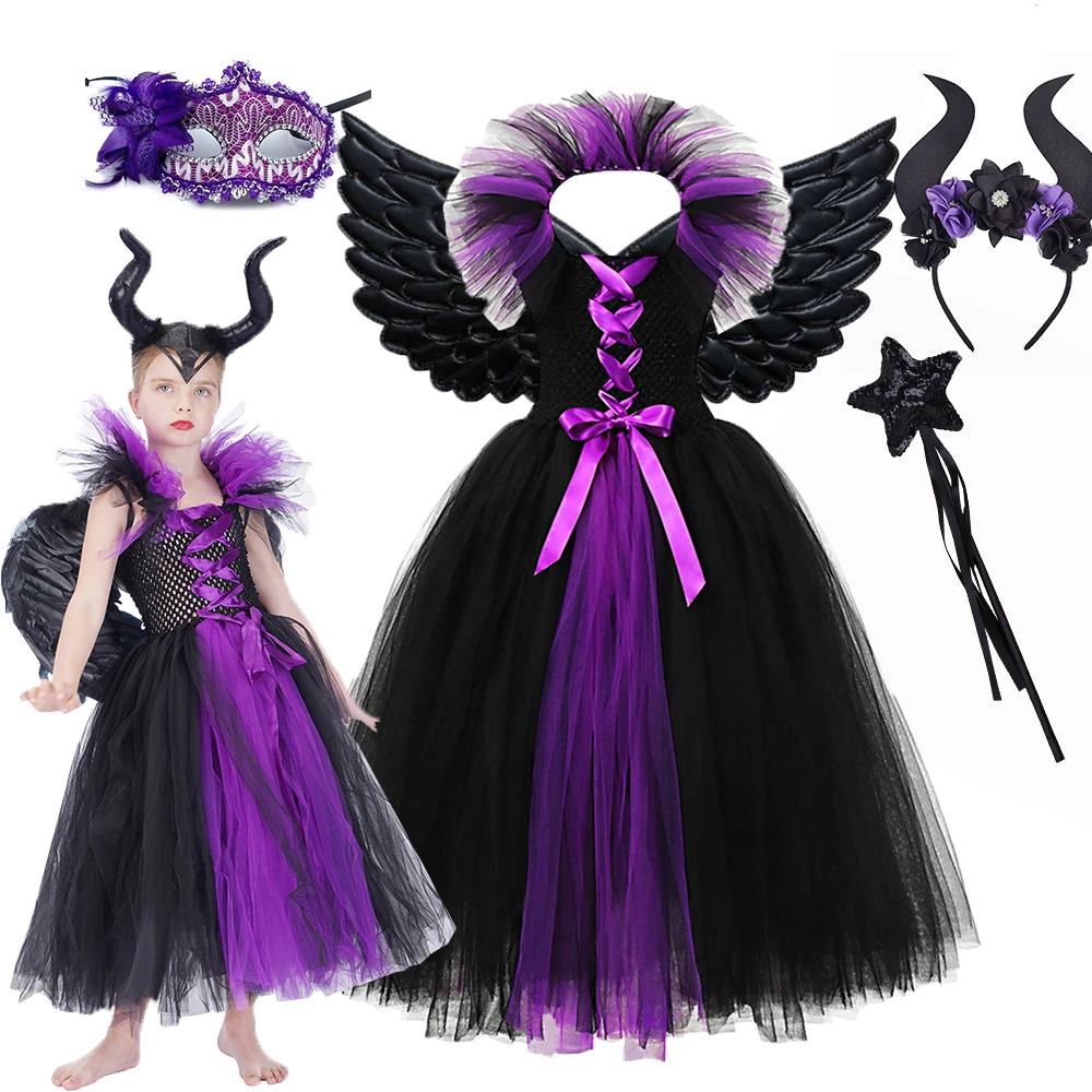 Disney Abbigliamento Costume Malefico Kids Girl Halloween Cosplay Dress Puffy Tulle Dress Gothic Fancy Performance Dress Up Outfit