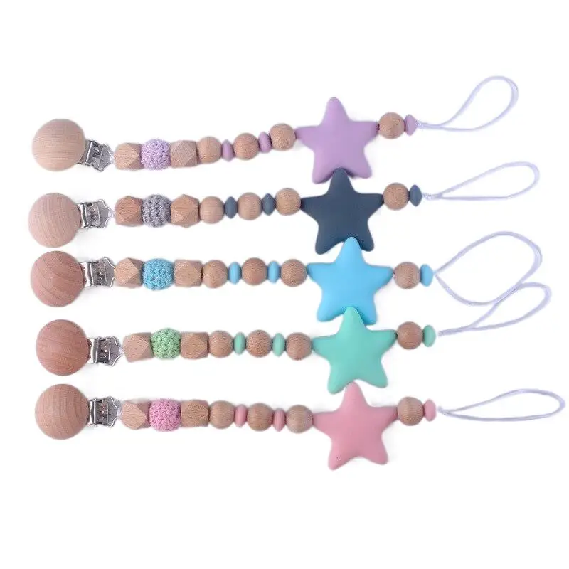 Bpa Free Wooden Dummy Ciuccio Clip Catena Silicone Big Star Ciondolo Allattamento Dentizione Regalo Per Neonato Ragazzo Ragazza