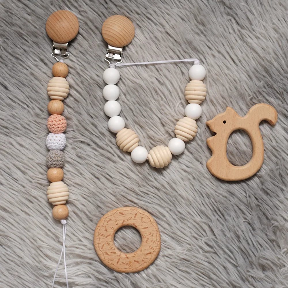 Ins Baby Pacifier Clips Newborn Tiny Rod Dummy Nipple Holder Anti-Drop Chain Teething Toys Wood White Silicone Beads Hot Nordic