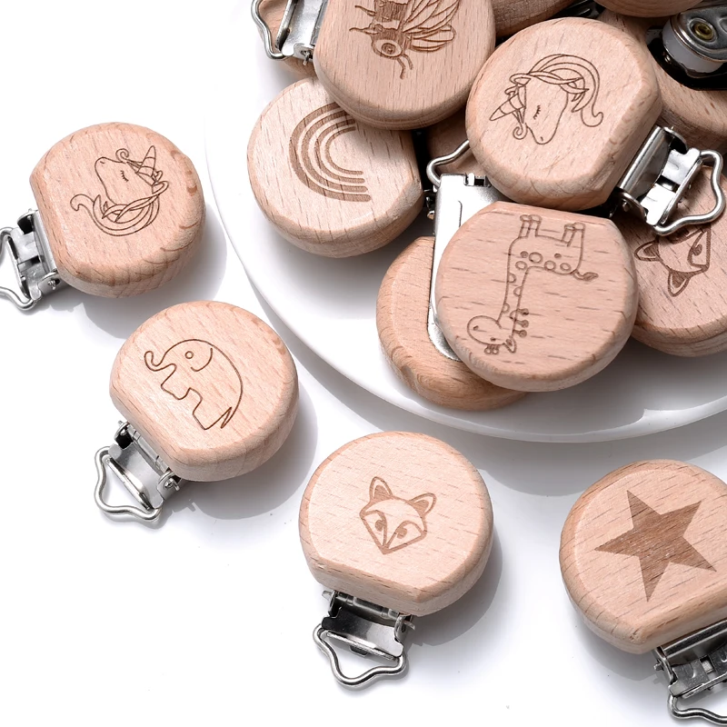 5Pcs/Lot Baby Wooden Clips Pacifier Dummy Clip Holder Natural Beech Wood Soother Clasp Metal For Baby Feeding Accessories