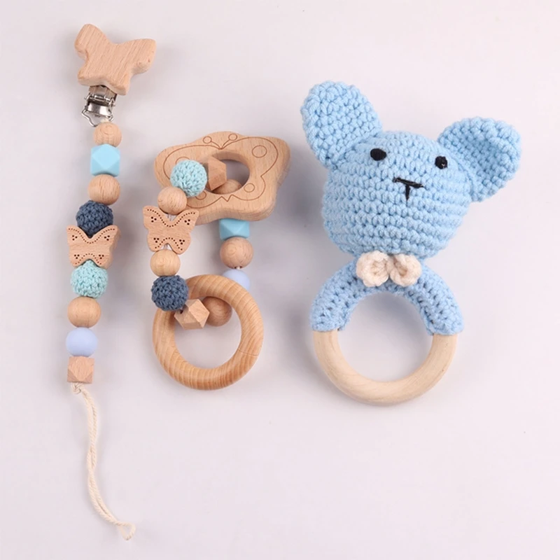 3Pcs/Set Baby Rattle Wooden Crochet Bear Bells Music Teething Bracelet Pacifier Dummy Clips Gym Play Rodent Baby Products Toy