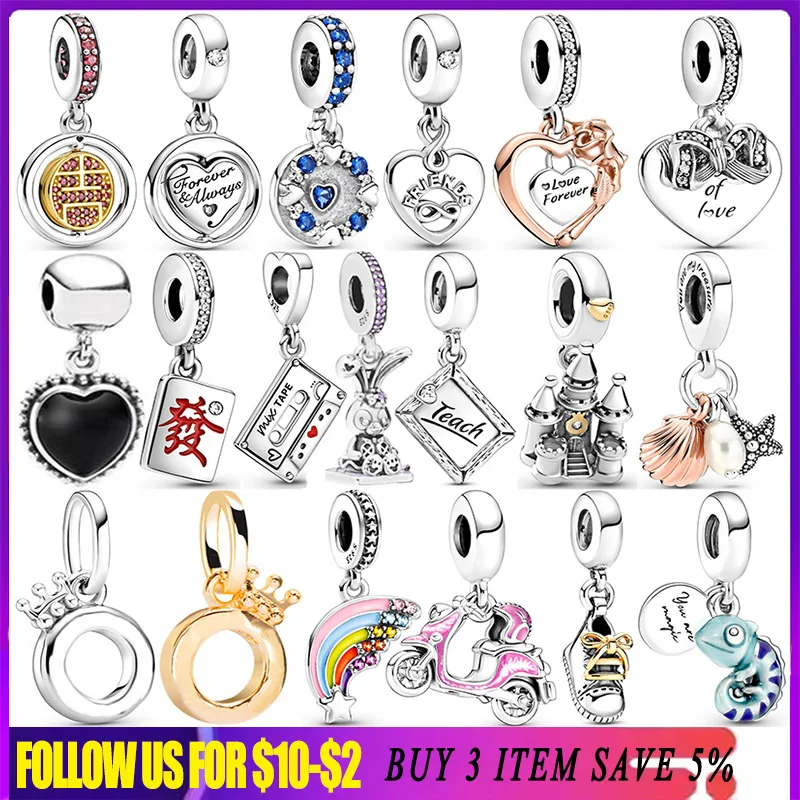 Friends Heart Charm Ciondola 925 Sterling Silver Crown Rainbow Chameleon Shoes Scooter Charms Ciondolo Fit Pandora Bracciale Gioielli