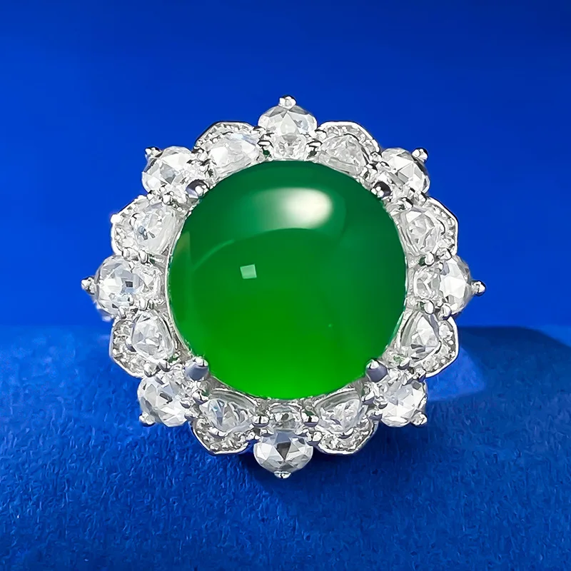 New S925 Silver Luxury Set High Ice Green Jade Calcedonio Style Big Egg Face Anello In Agata Da 12Mm