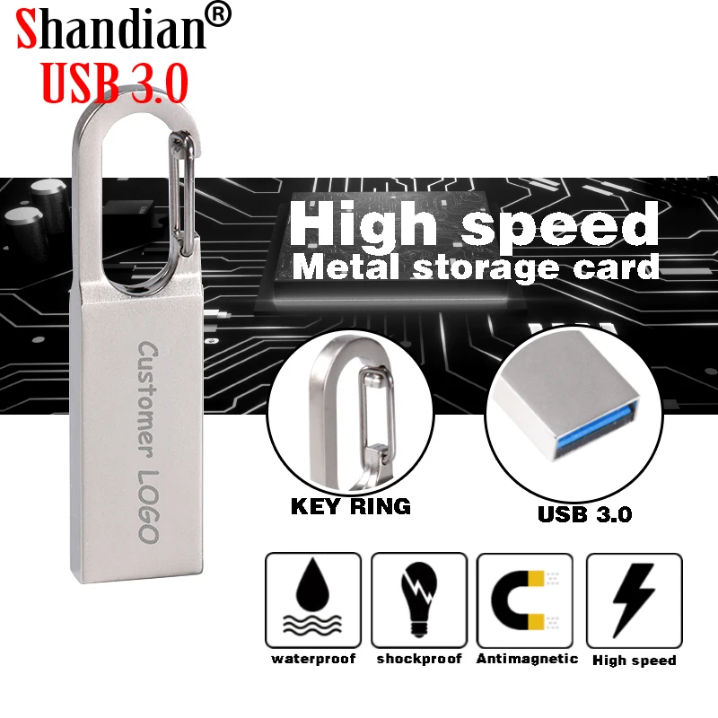 Shandian New Usb 3.0 Impermeabile Moschettone In Metallo Stile Flash Drive 4Gb 8Gb 16Gb 32Gb 64Gb Thumb Drive 128Gb Memory Stick Pen Key