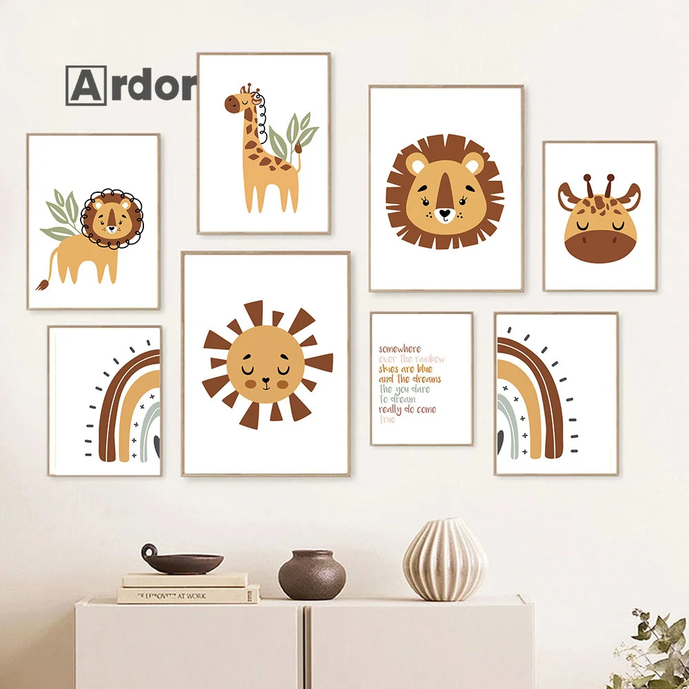 Modern Minimalist Cartoon Animals Art Poster Giraffa Lion Rainbow Plants Canvas Painting Print Wall Pictures Kids Room Decor