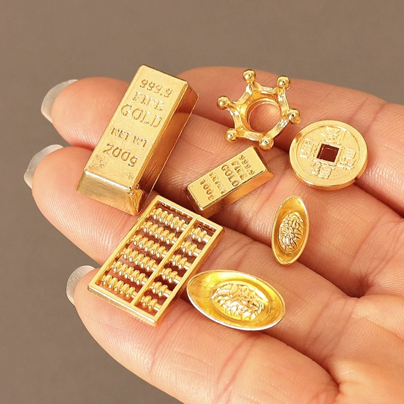 1Set 1:12 Dollhouse Monete D'Oro In Miniatura Lingotti Di Mattoni Dorati/Monete Di Rame/Lingotto D'Oro/Abaco/Corona Casa Delle Bambole Finta Gioca Gio
