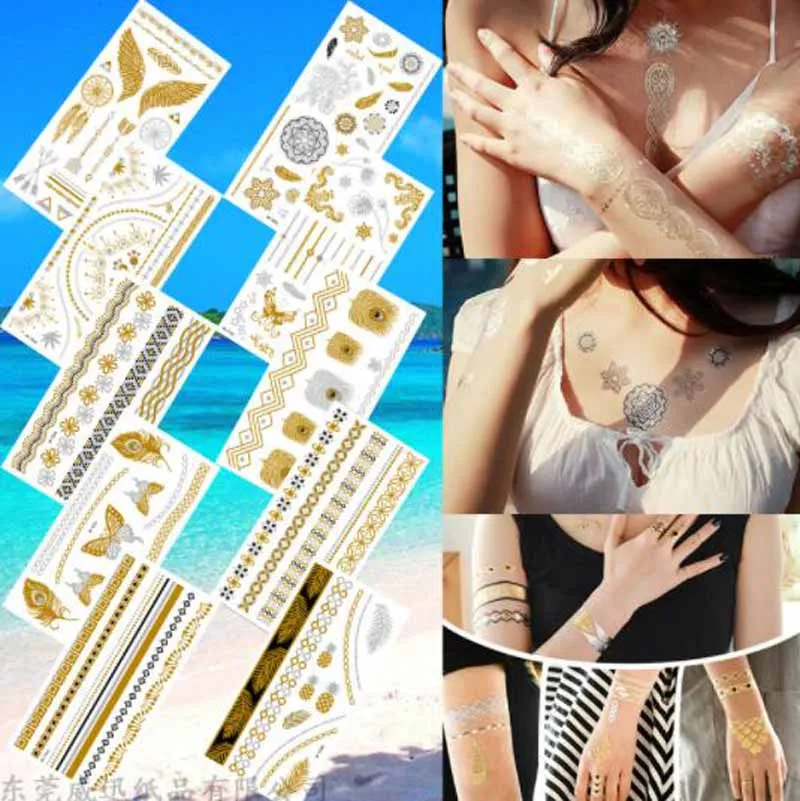 Temporary Tattoo Stickers Decals Gold Bronzing Metal Fake Tattoos Makeup Festive Banquet Party Show Play Body Art Diy Decoration