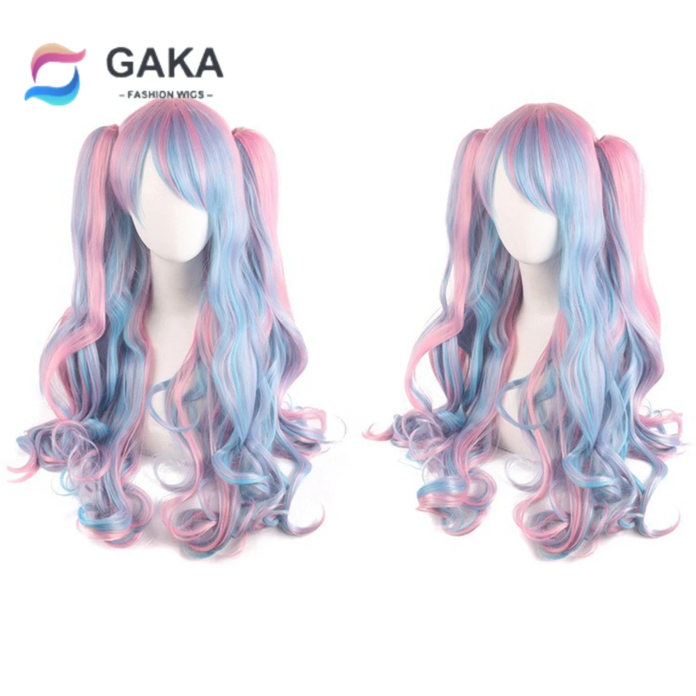 Gaka Girls Long Lolita Double Ponytail Braid Role Play Parrucca Sintetica Half Black Half Red Halloween Gold Pink Halloween Party Wig