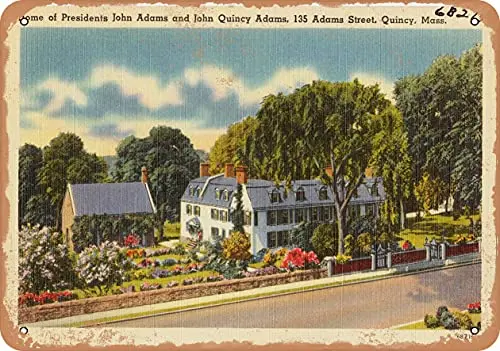 Cartello In Metallo-Cartolina Del Camerun-Casa Dei Signori John Adams E John Quincy Adams, 135 Adams Street, Look Vintage Arrugginito