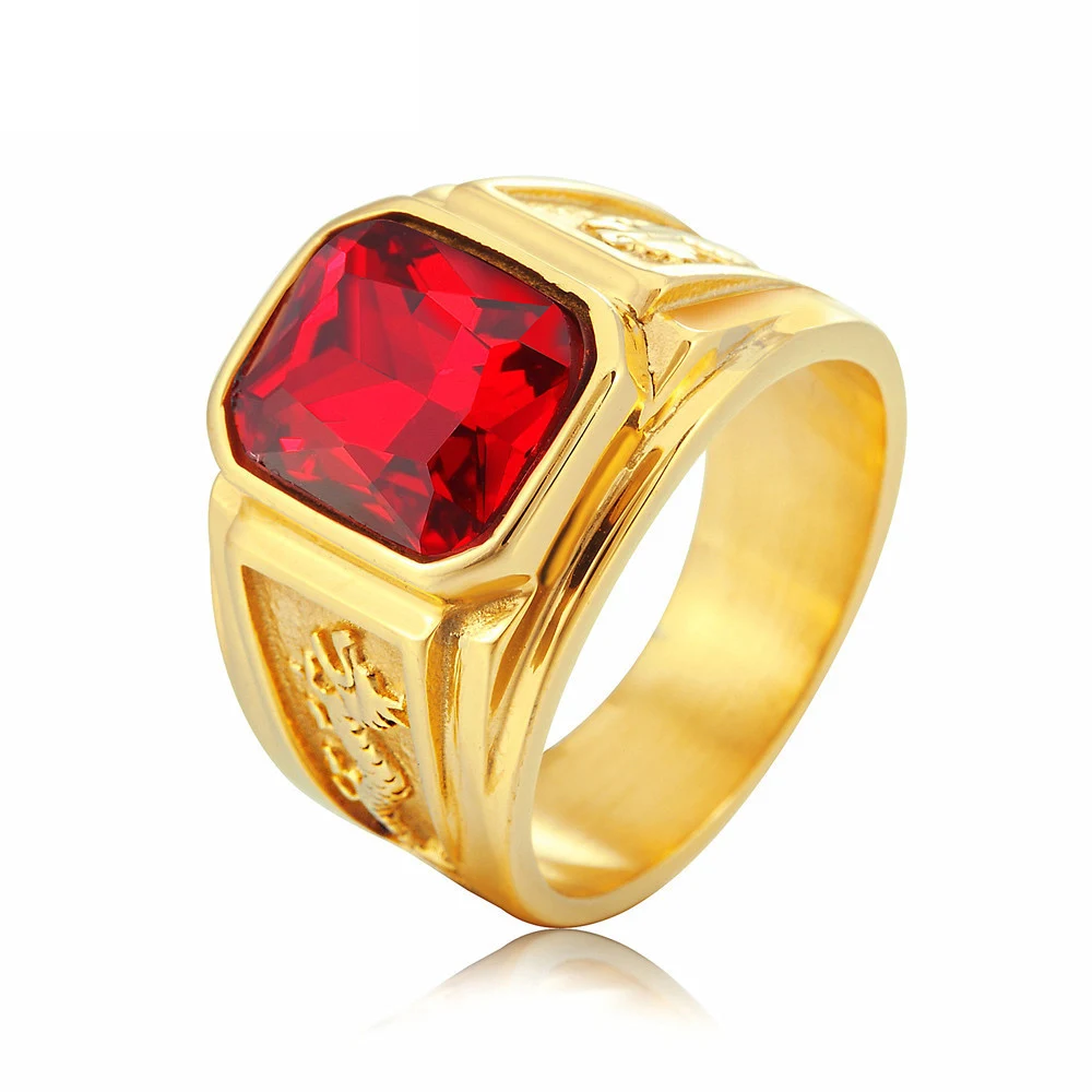 Punk Rock Titanium Steel Double Dragon Natural Stone Square Finger Rings For Men Charm Jewelry Drop Shipping Size 7-12