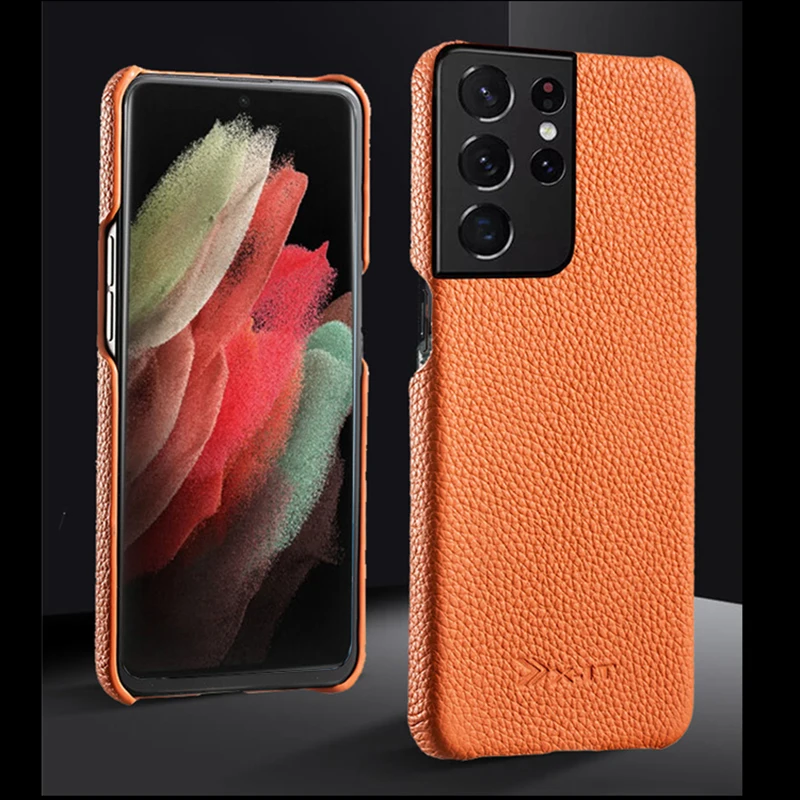 7 Colors Real Full Grain Genuine Premium Leather Mobile Phone Bag Cover Case For Samsung S20 S21 S22 Ultra Plus S22+ Button Open