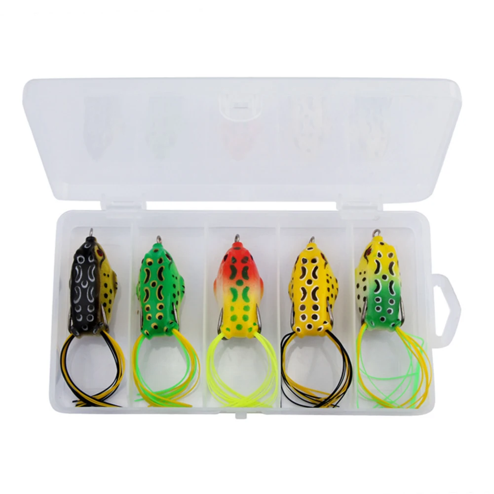 5 Pz/Scatola Frog Lures Silicone Top Water Frog Soft Swimbaits Con Dual Fishing Hooks Box Pacchetto Per Bass Trout Pike
