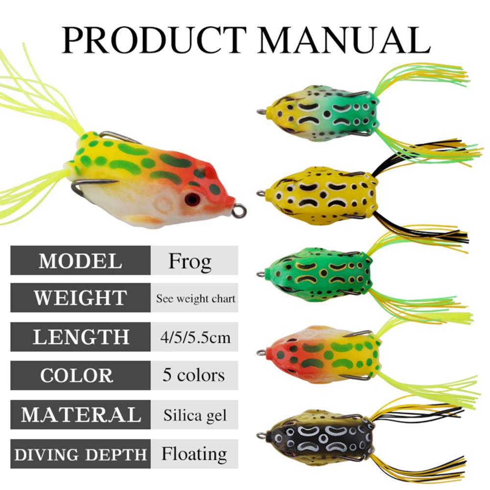 5 Pz/Scatola Frog Lures Silicone Top Water Frog Soft Swimbaits Con Dual Fishing Hooks Box Pacchetto Per Bass Trout Pike