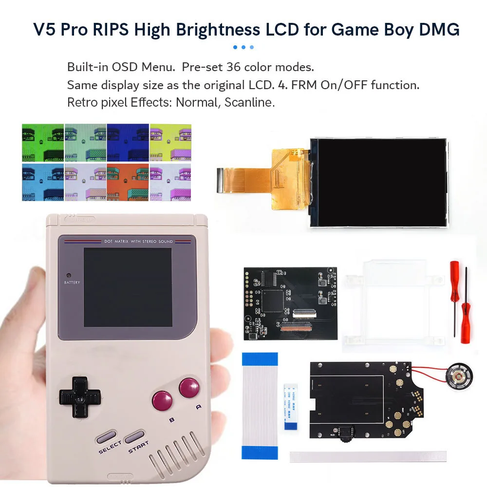 Hispedido Dmg Gbo Ips V5 Pro Osd Menu Retroilluminato Rips 36 Kit Colori Per Console Gameboy Dmg Gbo Gb Dmg Con Custodia Pretagliata