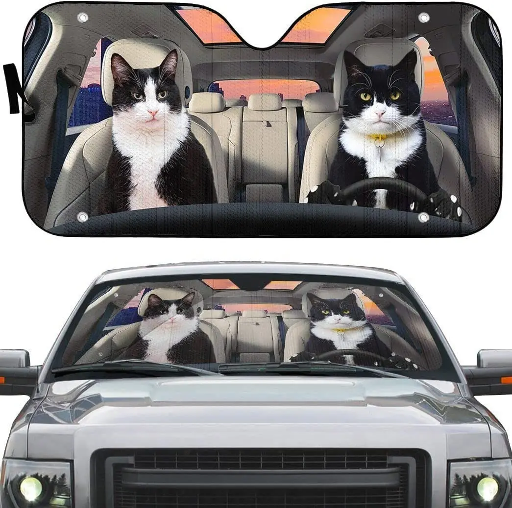 Tuxedo Cat Cute Animals Onwheels City Sight Guida A Sinistra Parasole Per Auto, Smoking Cat Coppia Driving At Sunset Auto Parasole, Wi