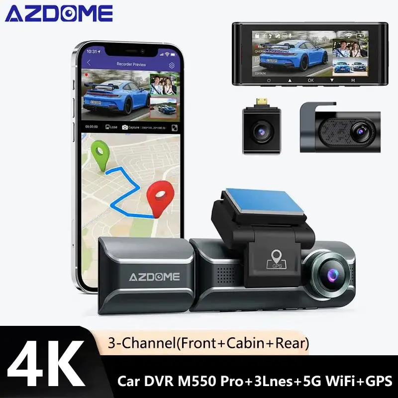 Azdome M550 Pro Ultimo Aggiornamento 4K Dash Cam Anteriore All'Interno Posteriore 3 Vie Telecamere Per Auto 5G Wifi Gps Interni Black Box Azdome Dash 