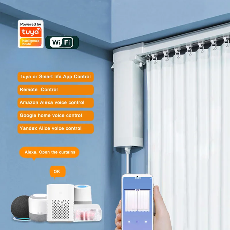 225Mm Tuya Electric Smart Curtain Motor Wifi Tende Sistema Motorizzato Track Rod Cornicione Intelligente Per Smart Home