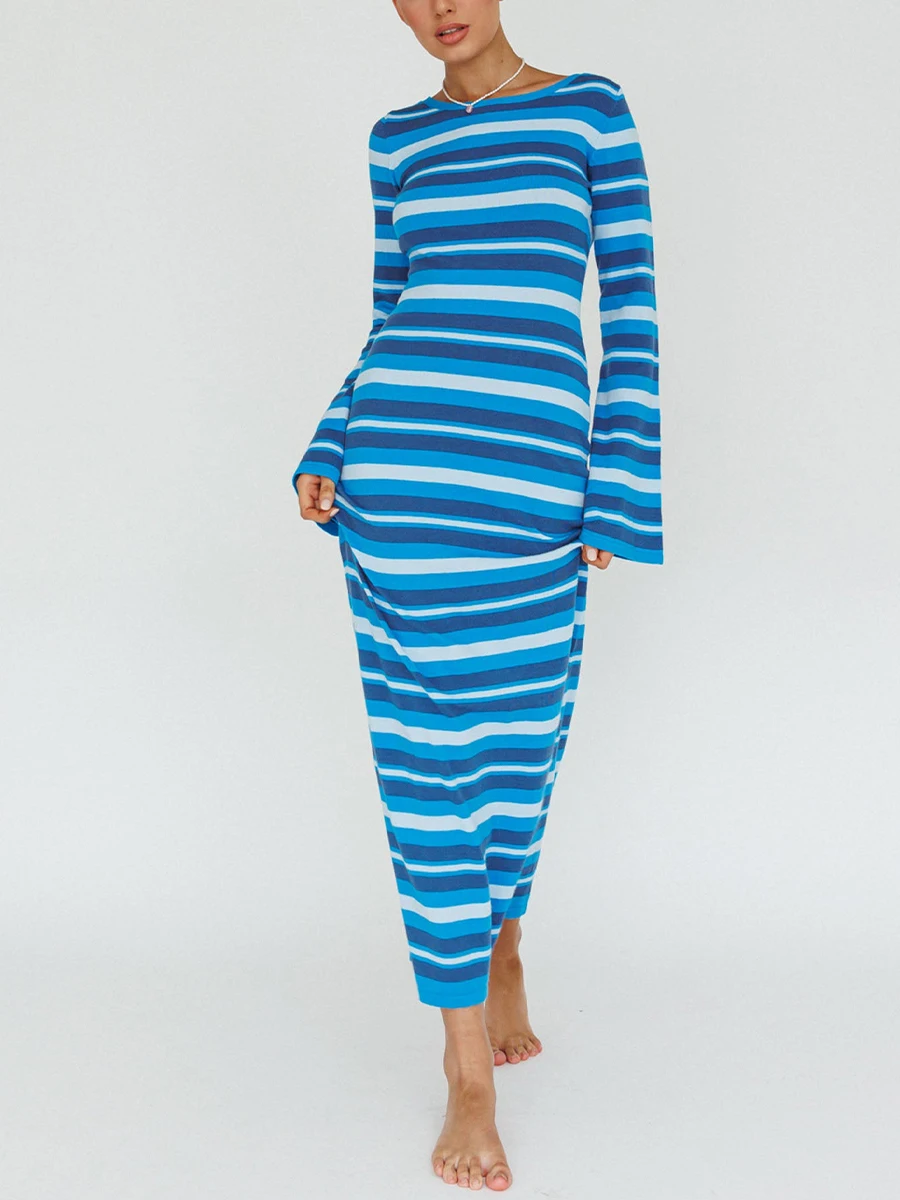 New Fashion Women Knit Dress Manica Lunga Girocollo Backless Striped Dress Slim Fit Autunno Abito Lungo Skin-Friendly Vendita Calda S M L