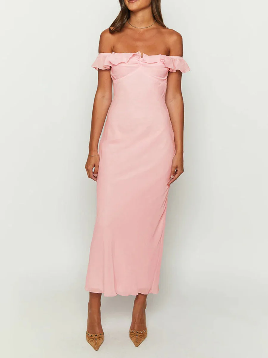 New Fashion Womens Summer Long Evening Dress Pink Backless Off Spalla Senza Spalline Ruffle Dress Club Street Style S M L