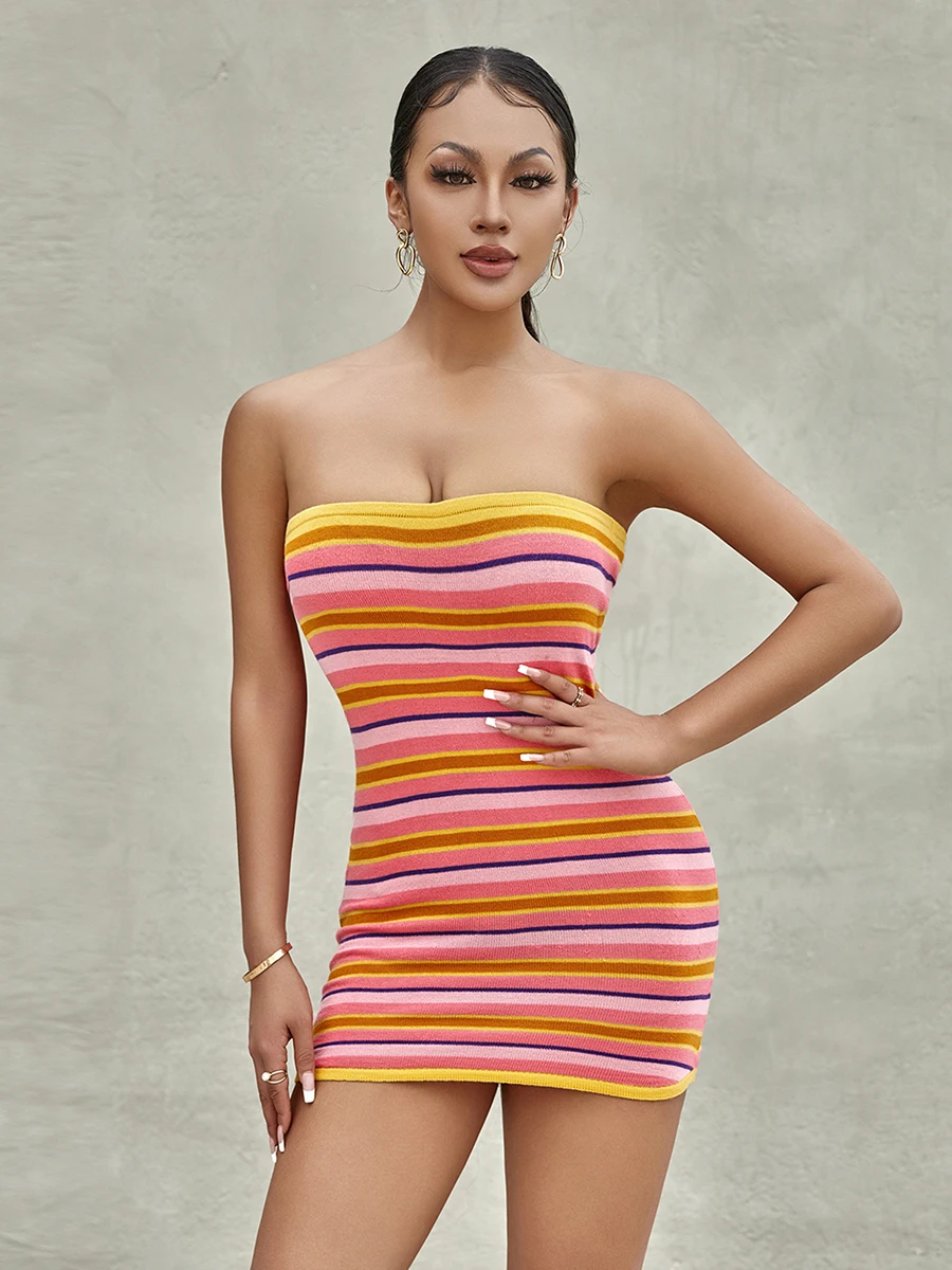 New Sexy Womens Summer Knit Tube Dress Fashion Senza Spalline Striped Print Bodycon Mini Dress Club Street Style Skin Friendly S M L