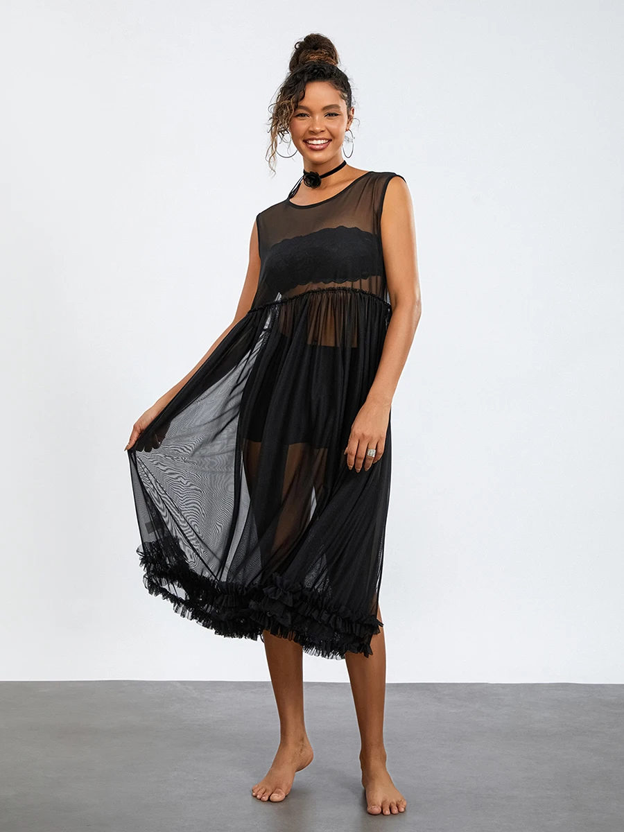 New Womens Sheer Mesh Midi Dress Tinta Unita Girocollo Ruffles Abito Senza Maniche Beach Swimwear See-Through Covers-Ups S M L