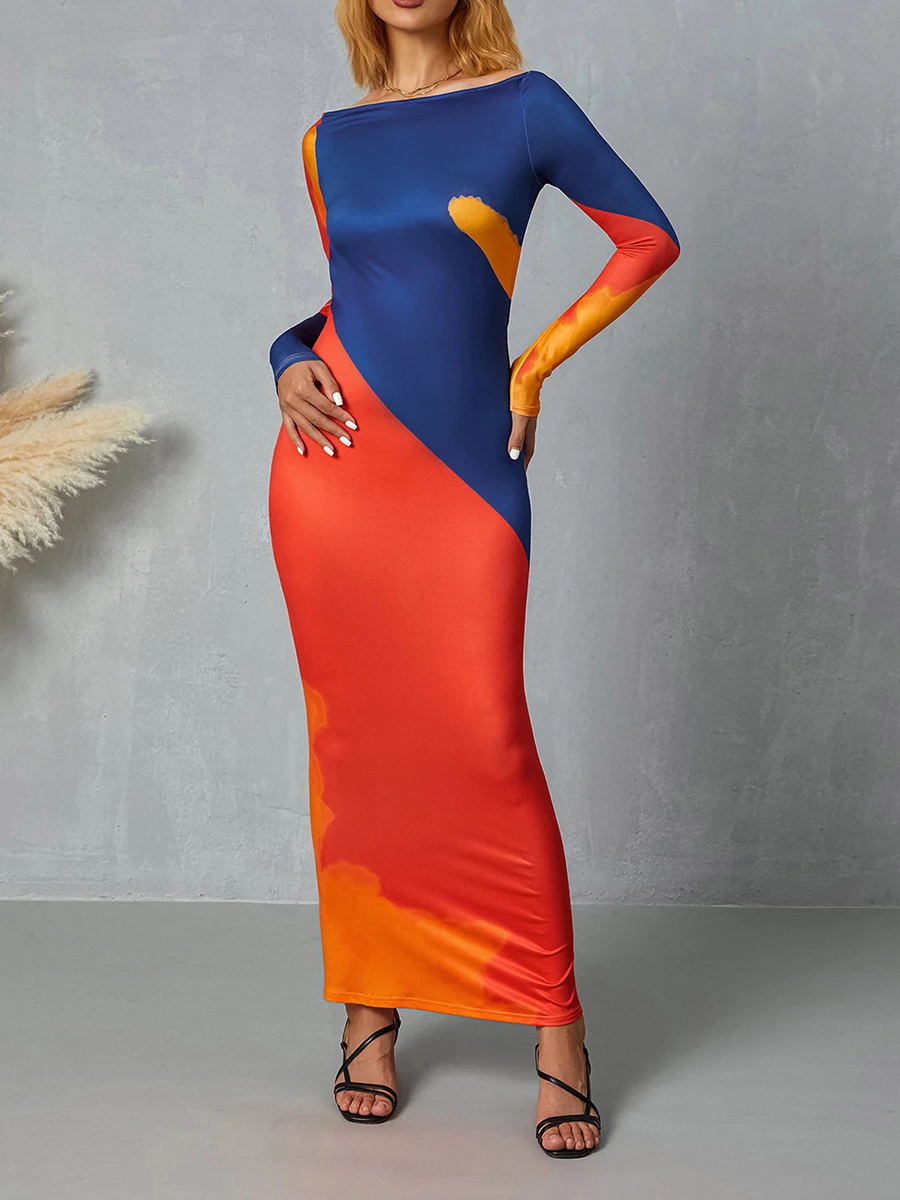 Donne Contrasto Colore Off Spalla Manica Lunga Backless Tie-Up Primavera Autunno Partito Sexy Vestito Lungo Aderente S/M/L