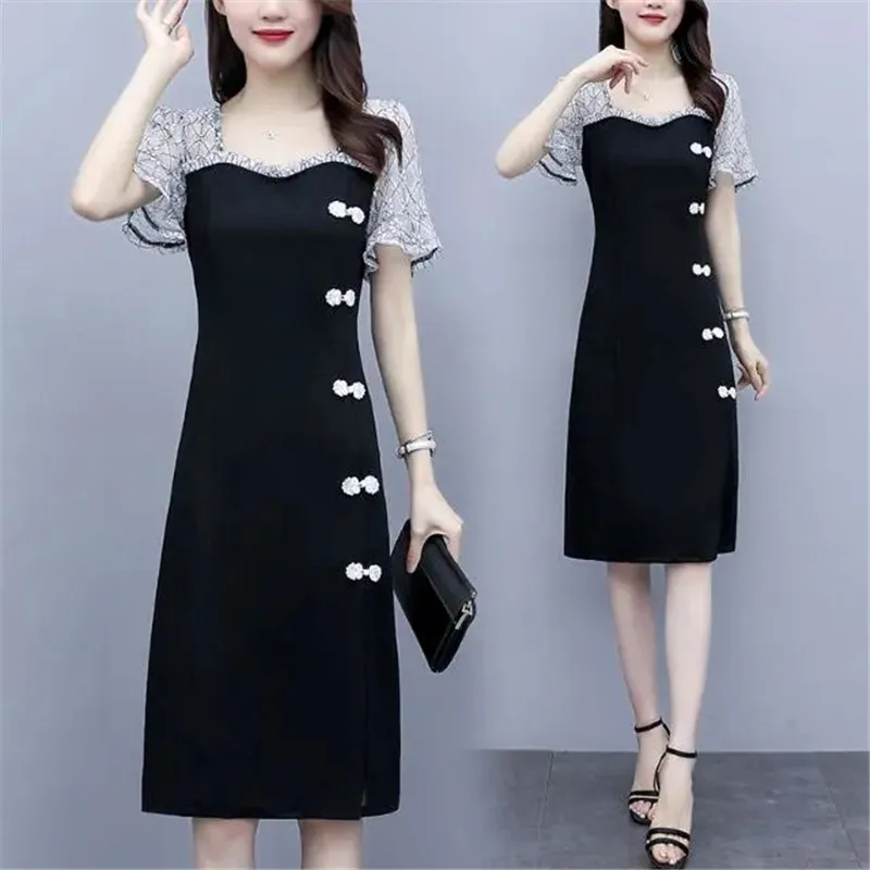 Ethnic Style Vintage Dress Women Fashion Summer New Patchwork Short Sleeve Woman Party Dresses Black Casual Loose Robe M-4Xl