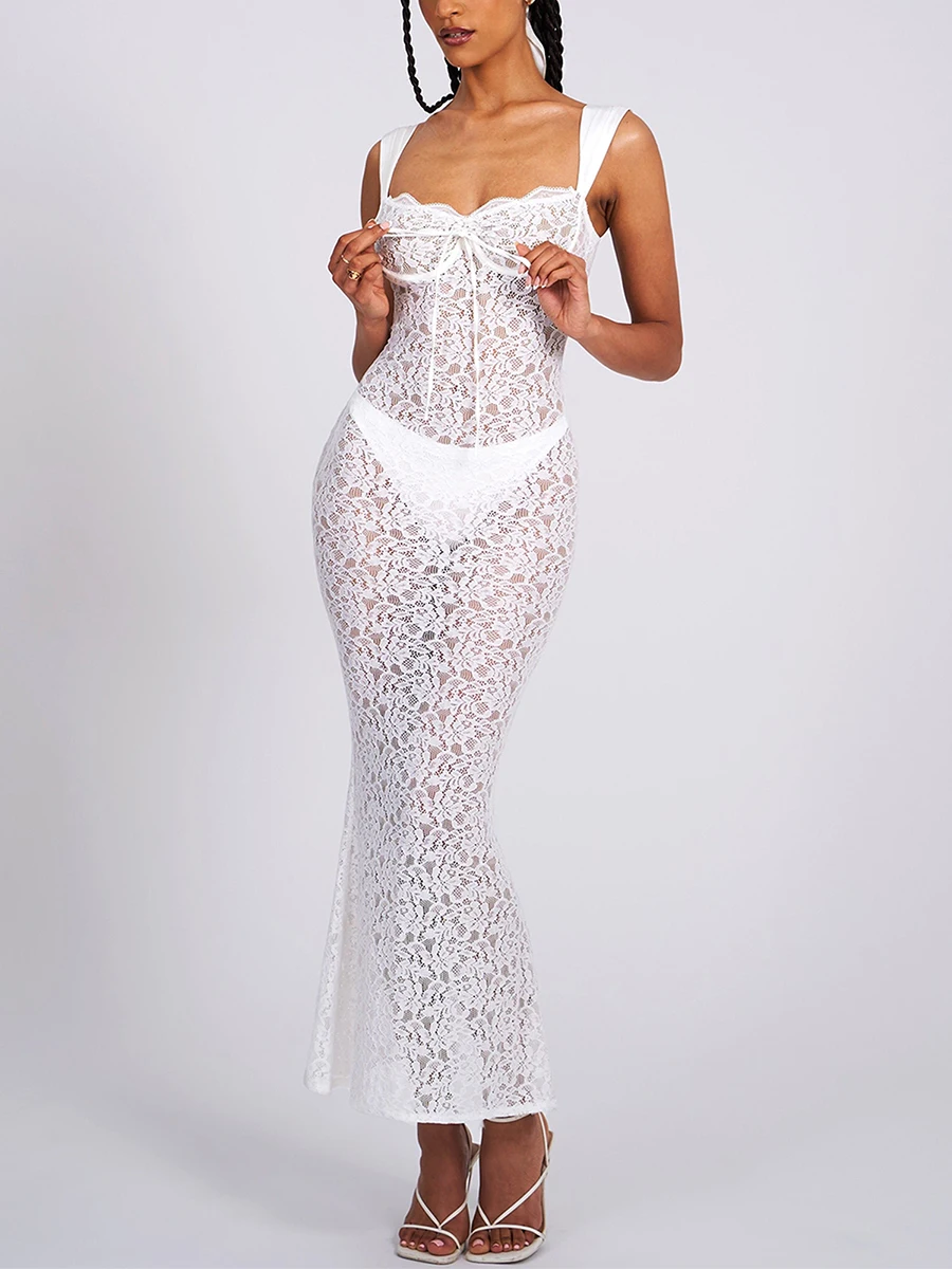 New Fashion Women Long Bodycon Dress Lace See-Through Senza Maniche Cami Dress Summer Backless Party Dress S M L