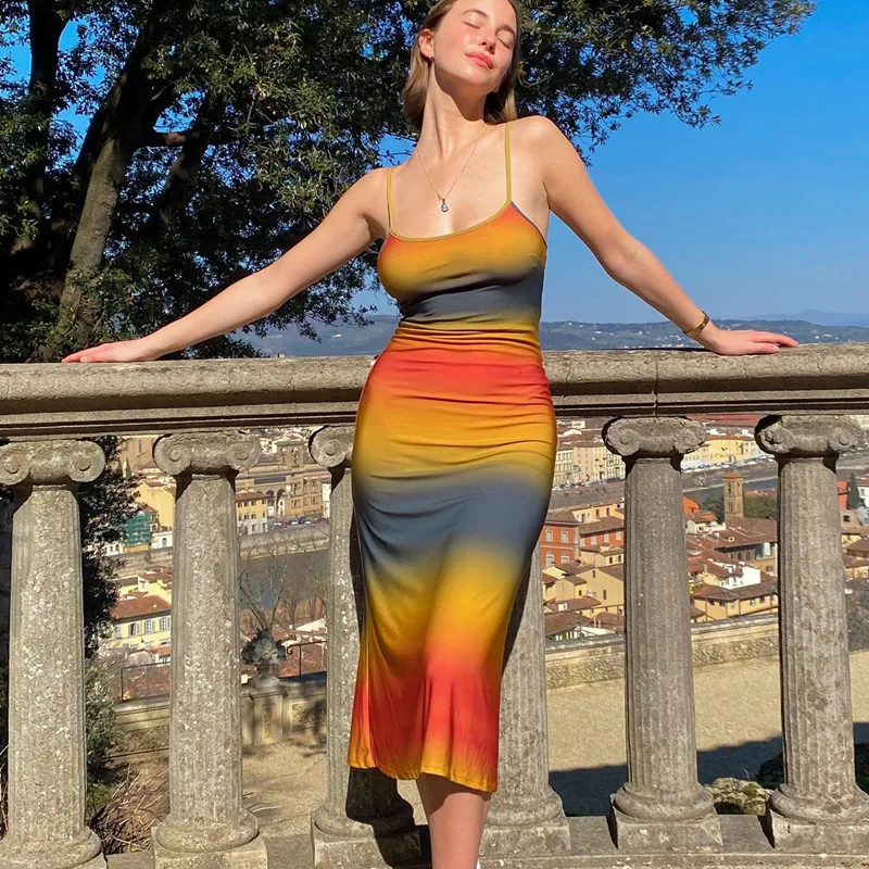 New Women Party Slip Dress Colore Sfumato Spaghetti Strap Low-Cut Senza Maniche Fashion For Ladies Orange Club Streetwear S M L