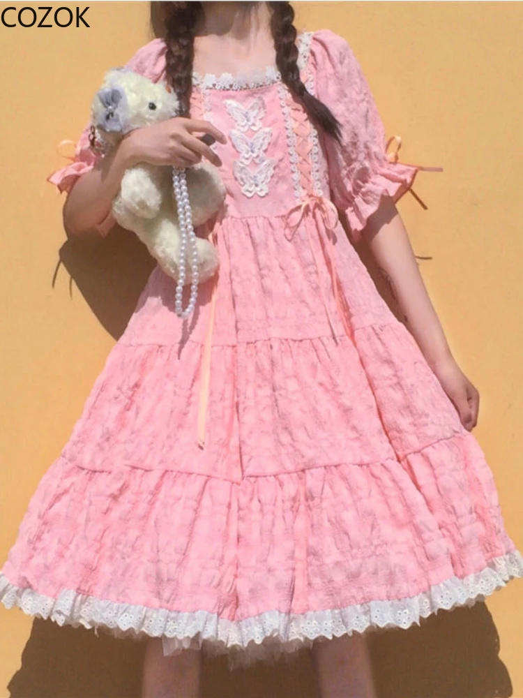 Japanese Sweet Pink Lolita Style Dress Women Kawaii Ruffles Lace Bandaged Bow Flare Sleeve Fairy Dresses Girly Party Mini Dress