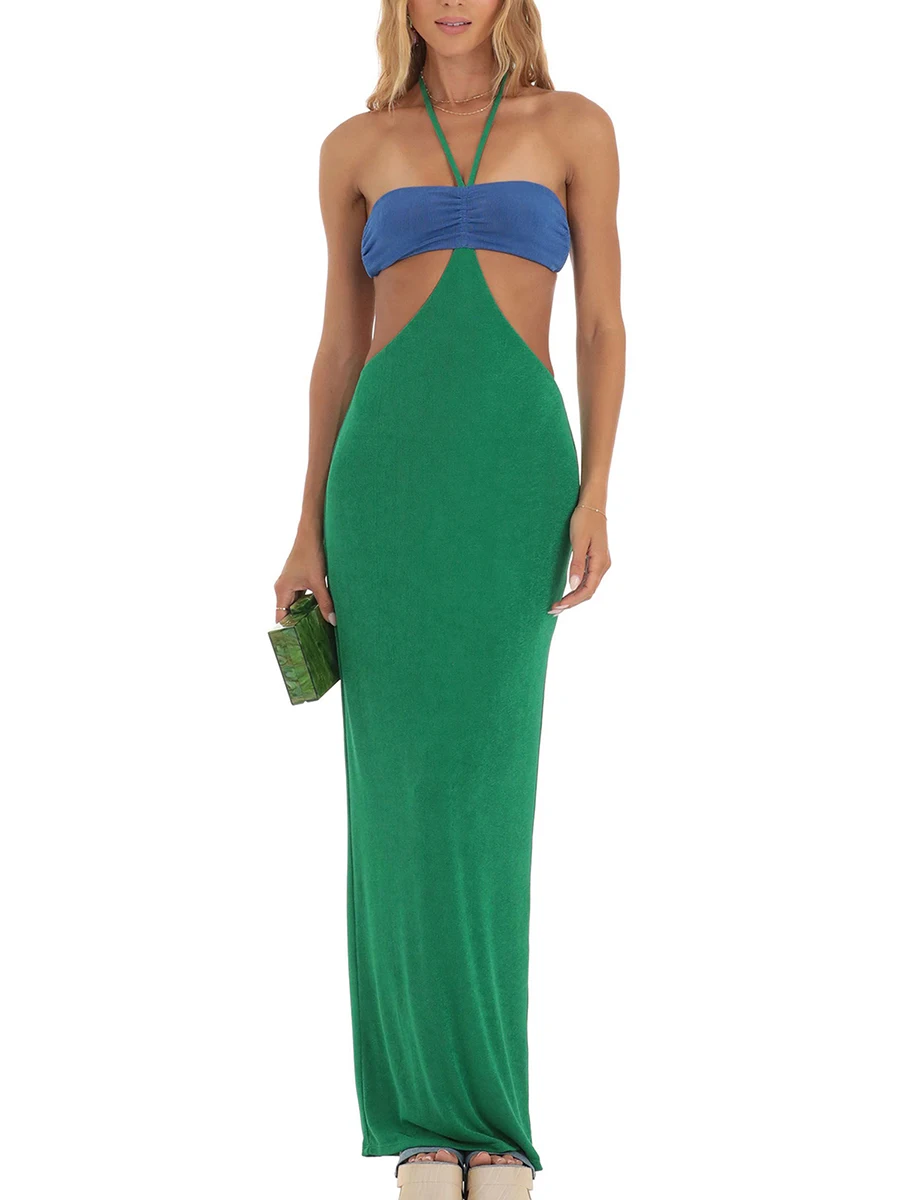 New Fashion Women Long Dress Senza Maniche Halterneck Backless Contrast Color Fessura Dress Cocktail Dress Club Street Style S M L