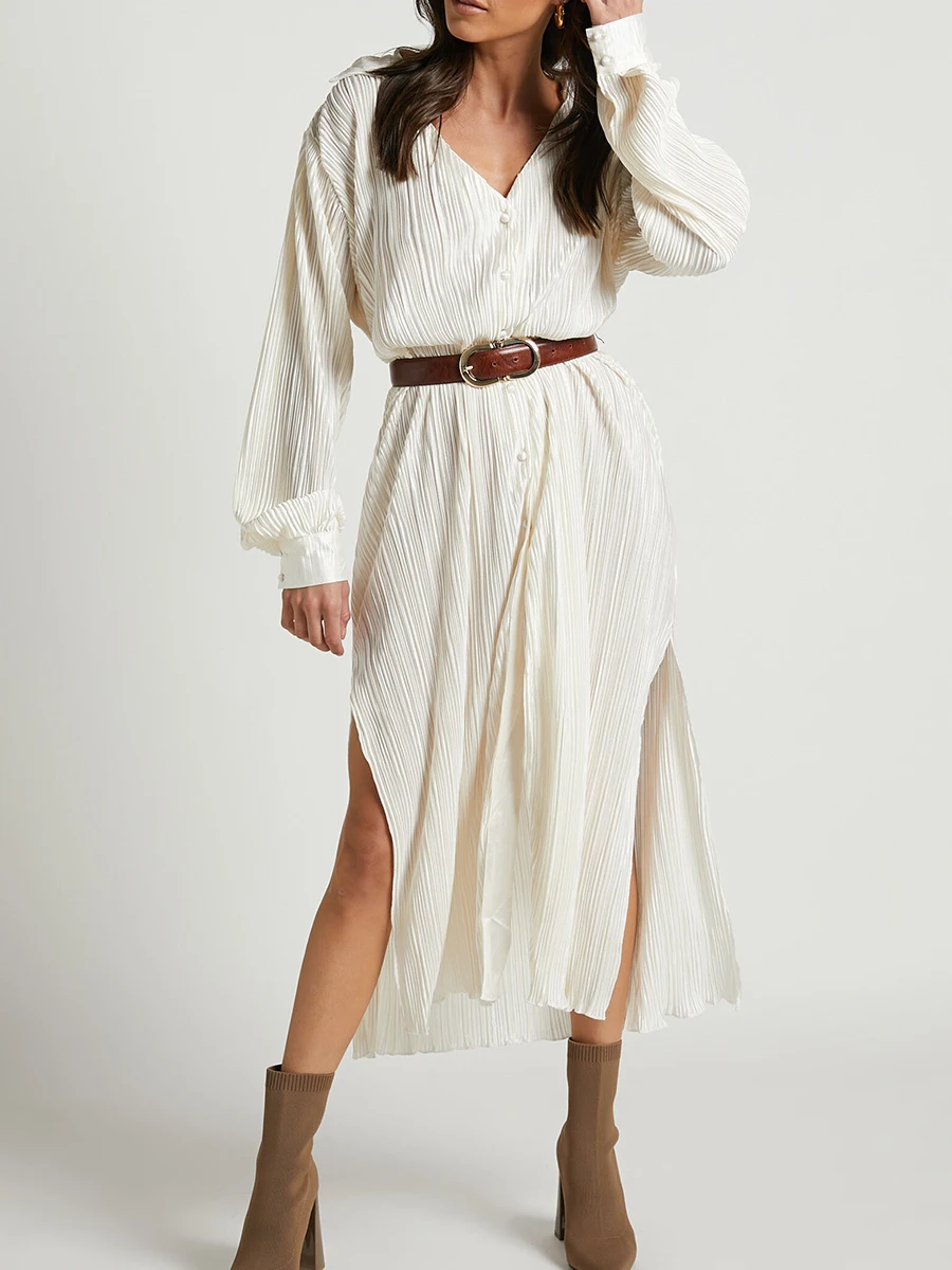 New Fashion Womens Button Down Shirt Dress Manica Lunga Scollo A V Tinta Unita Pieghettato Midi Dress Tunica Camicetta Dress Vendita Calda S M L