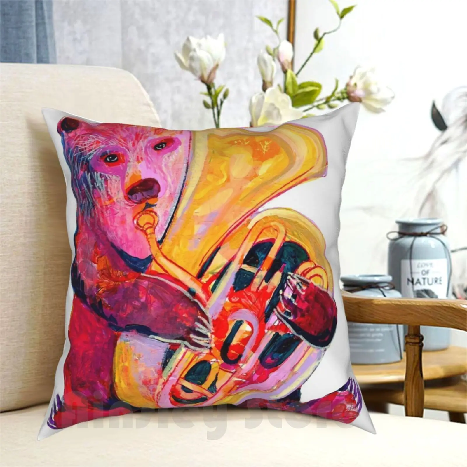 Tuba Bear Federa Stampata Home Soft Throw Pillow Tuba Instrument Music Bear Wildlife Abstract