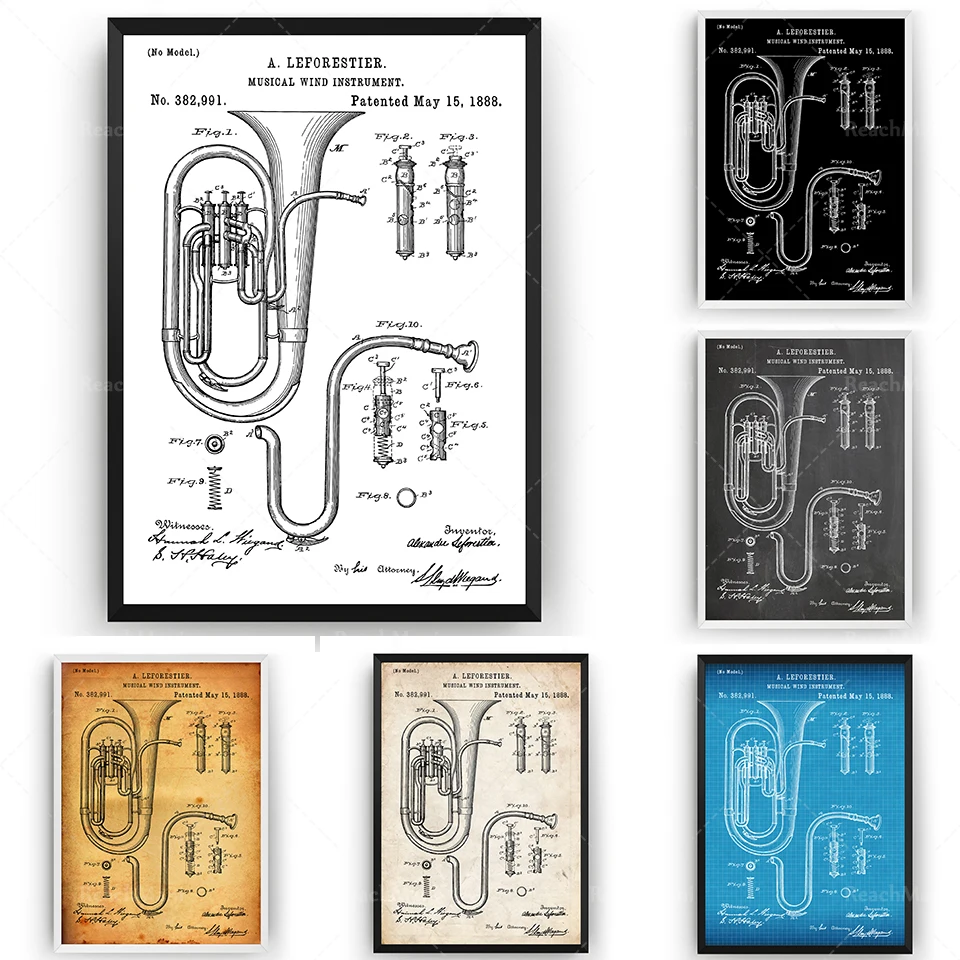 Tuba 1888 Brevetto Stampa Wall Art Poster Insegnante Di Musica Blueprint Gifts