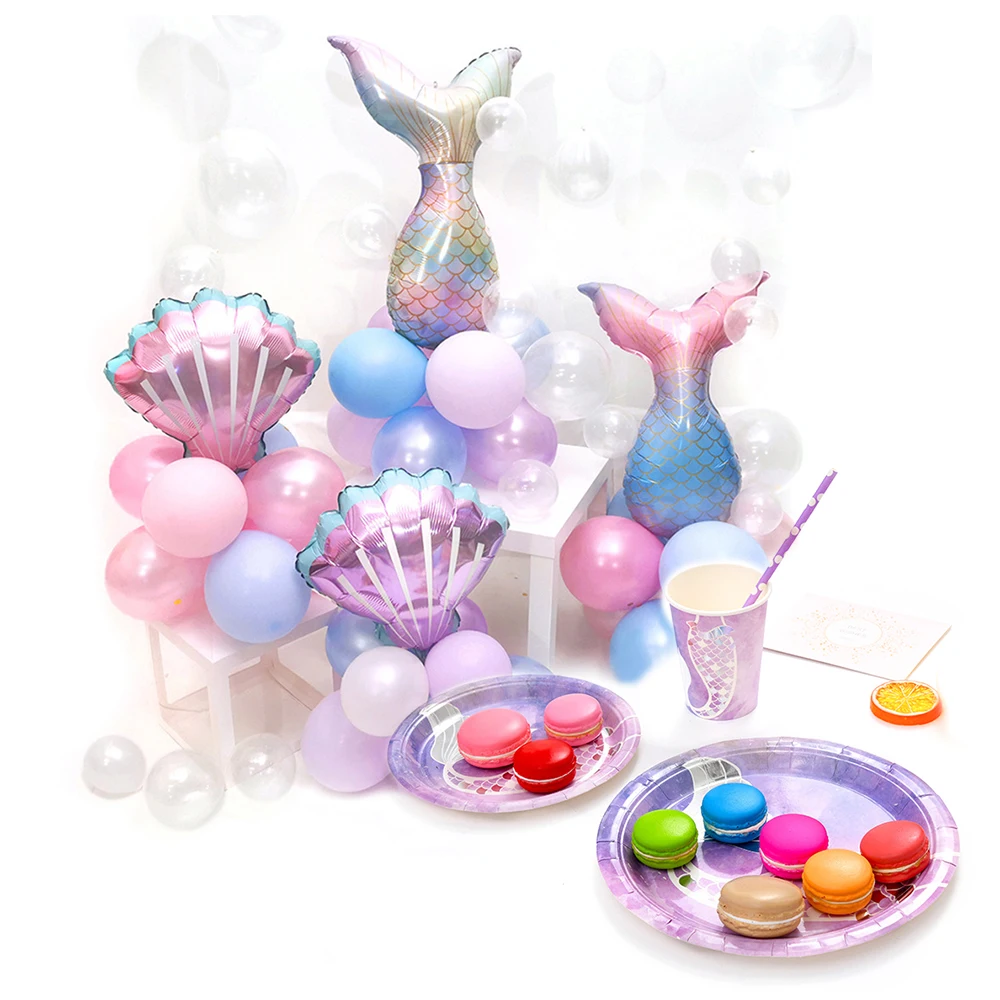 Stoviglie Principessa Sirenetta Buon Compleanno Festa A Tema Palloncino Piatto Di Carta Tazza Viola Conchiglia Ragazze Baby Shower Forniture