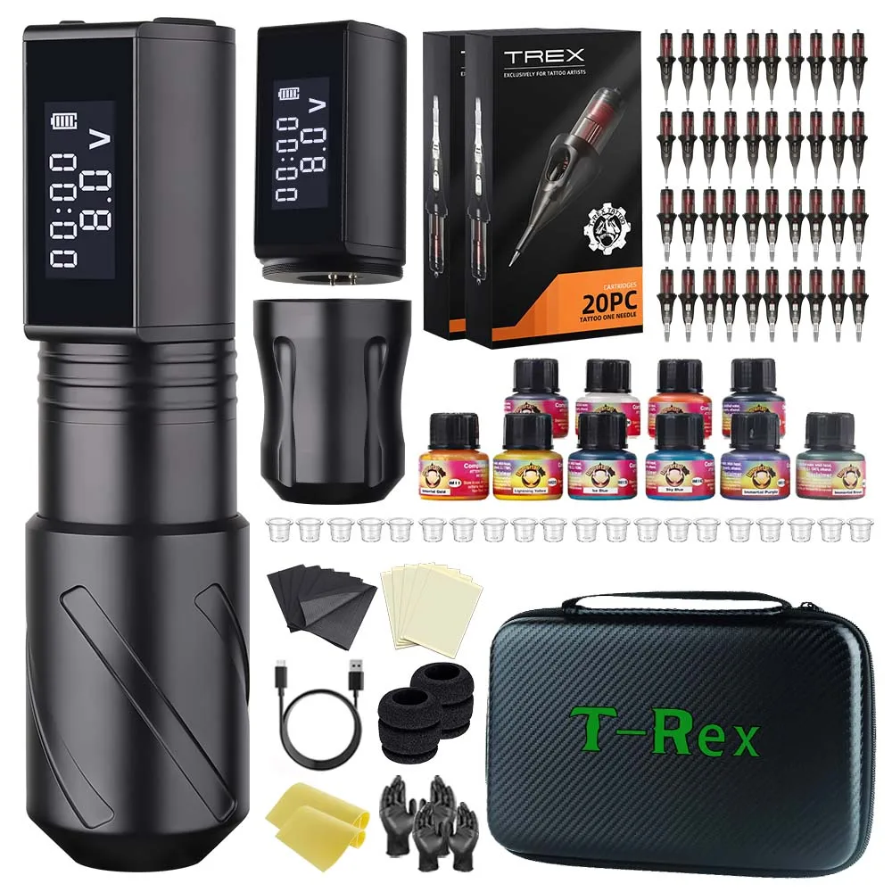 T-Rex Professional Tattoo Gun Kit Kit Cordless Rotary Tattoo Machine Pen Kit Con 2 Batterie Sostituibili Per Un Lungo Periodo Di Autonomia
