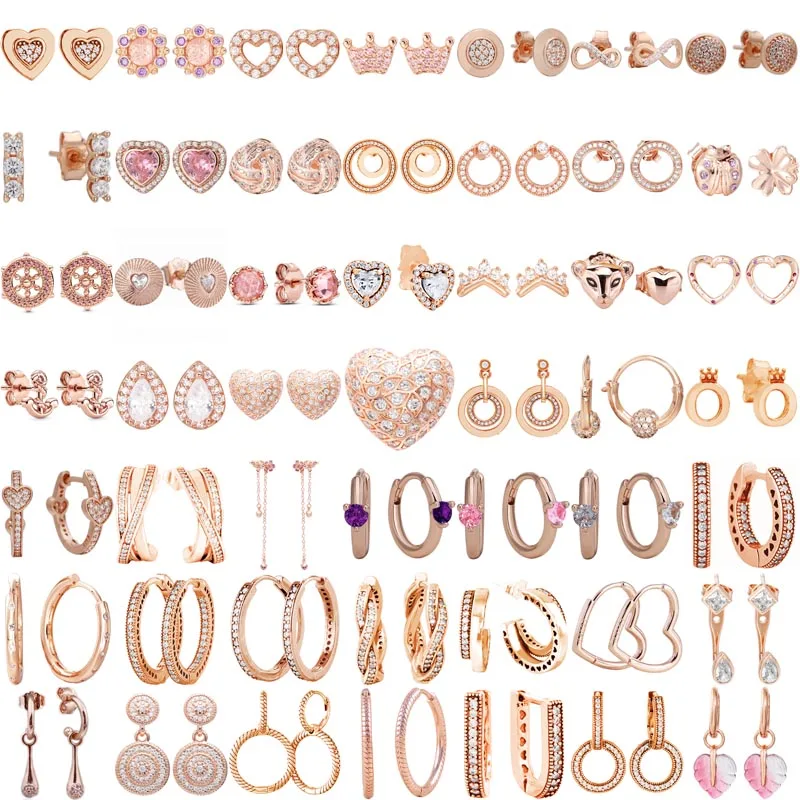 925 Sterling Silver Rose Gold Rose Hearts Of Circle Signature Enchanted Crown Earring Fit Original Europe Bracciale Jewelry Gift